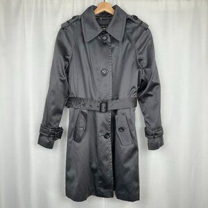 Jones NY Belted Trench Coat Womens Large PETITE Gray Shiny Dressy Classic Lined